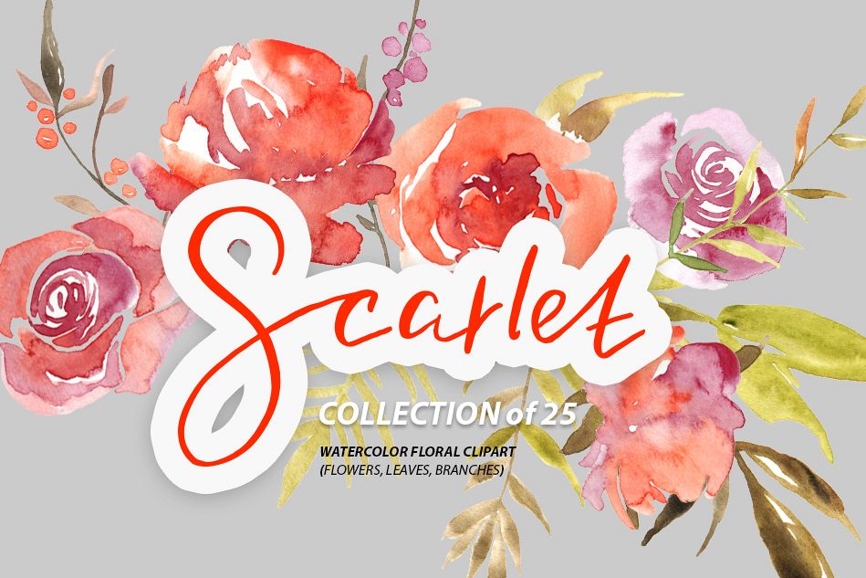 Watercolor red scarlet flowers and green leaves PNG example image 1