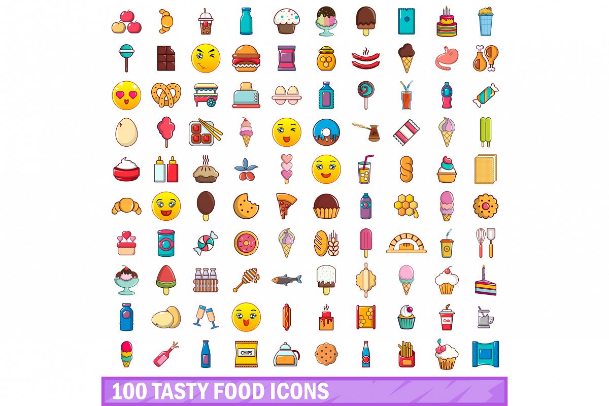 100 tasty food icons set, cartoon style example image 1
