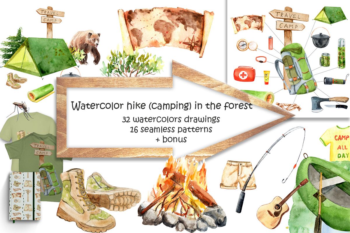 Watercolor hike in the forest camping example image 1