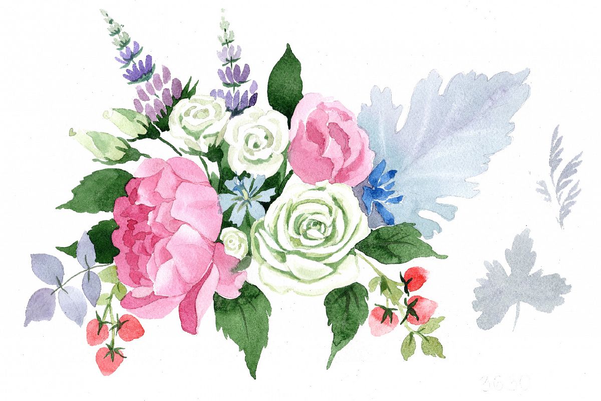 Wedding pink bouquet PNG watercolor set (102312) | Illustrations