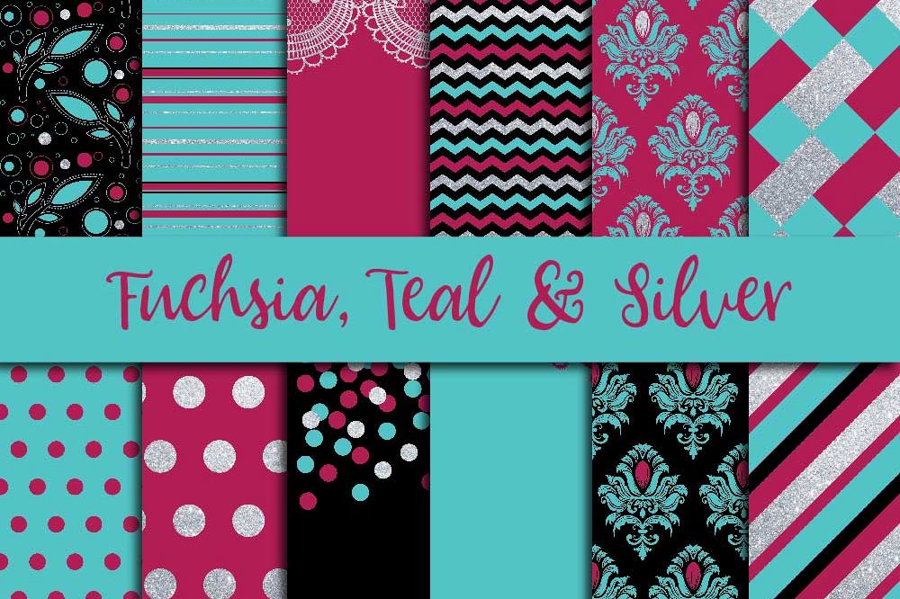 Fuchsia Teal & Silver Digital Paper example image 1