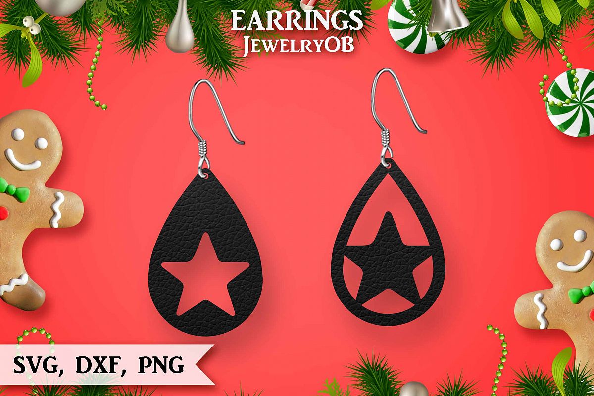 Christmas Earrings, Cut File, SVG DXF PNG, Teardrop, Star example image 1