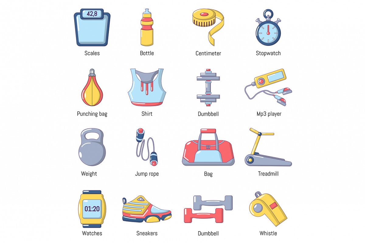 Gym sport icons set, cartoon style example image 1