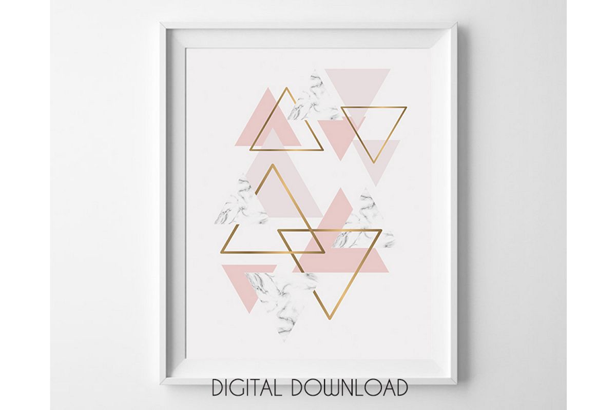 Pink and Gold Wall Print, Geometric Triangle Digital example image 1