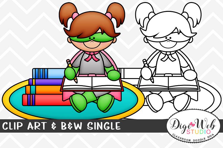 Clip Art & B&W Single -Superhero Girl Sitting on Rug Writing example image 1