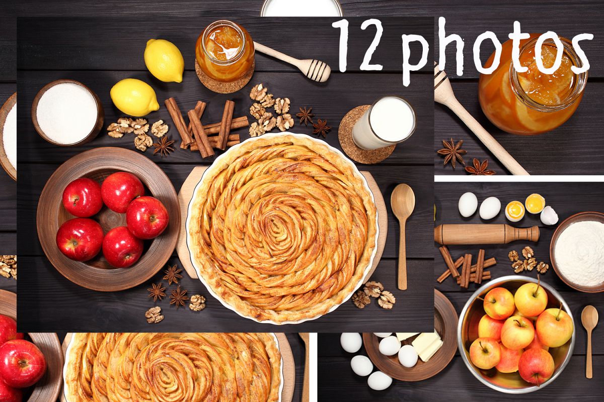 Set 12 photos Apple Pie and raw ingredients for baking. Sweet food series. Dessert. Top view example image 1