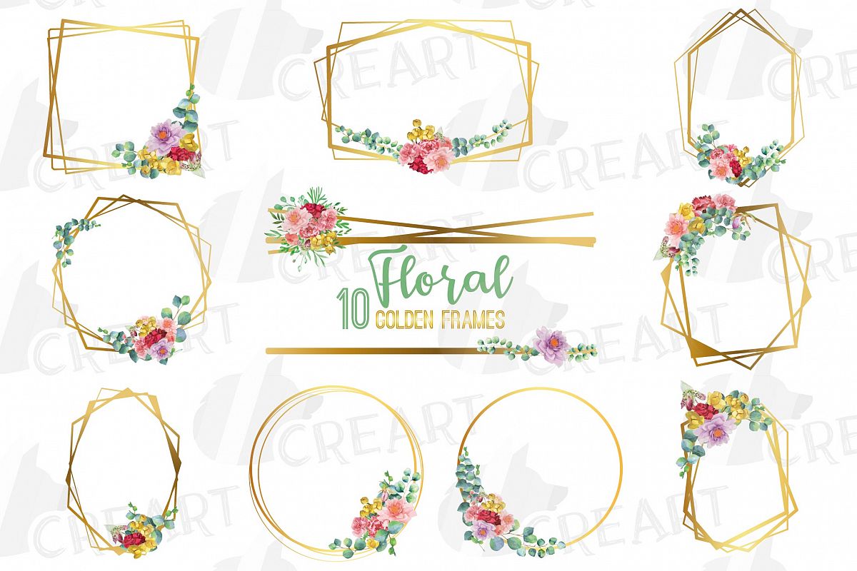 Watercolor floral golden frames and borders clip art pack example image 1
