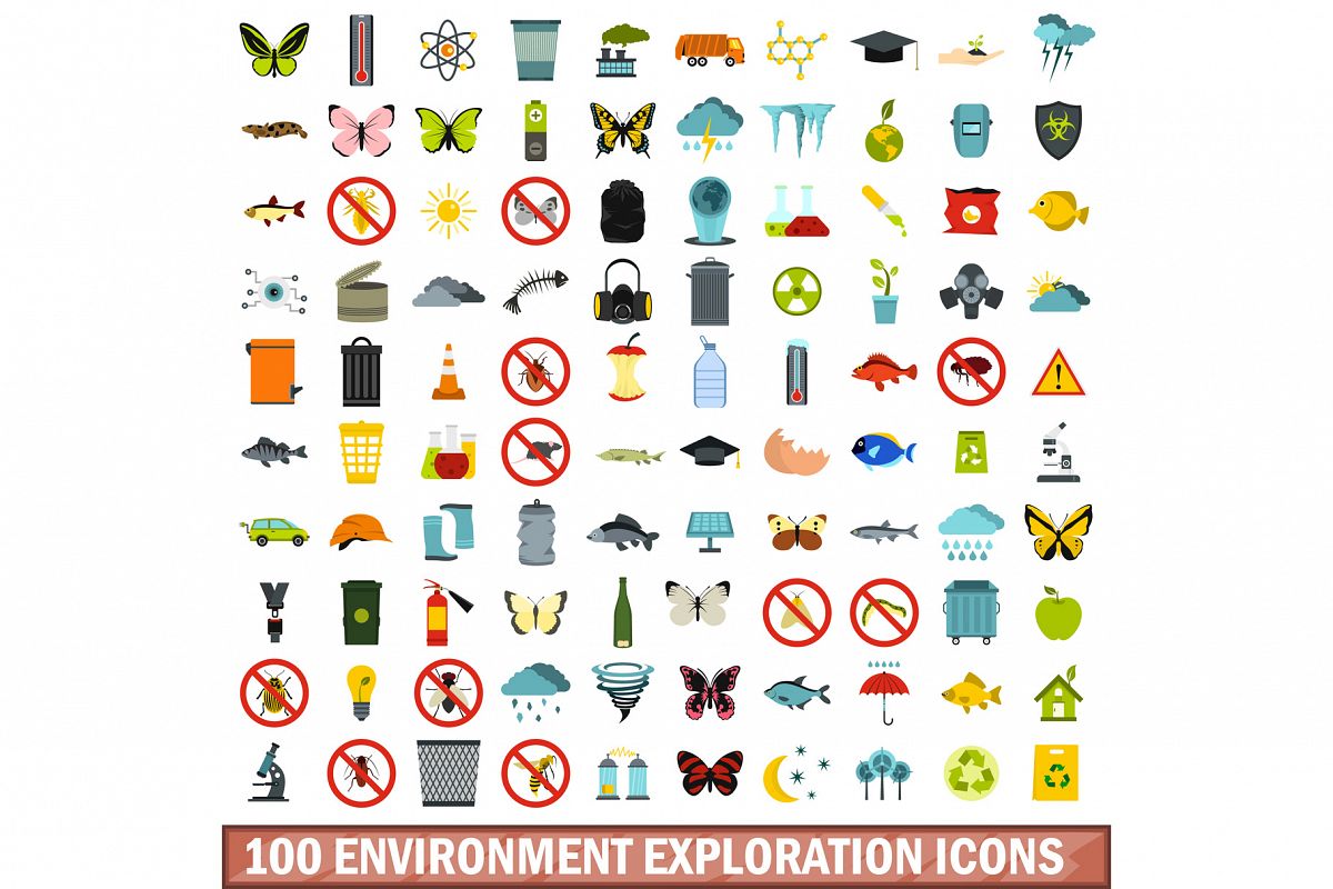 100 environment exploration icons set, flat style example image 1