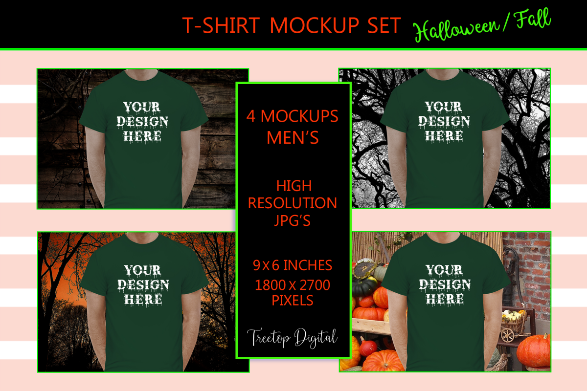 Halloween and Fall Men t-shirt Mockup Bundle, Green tshirt example image 1