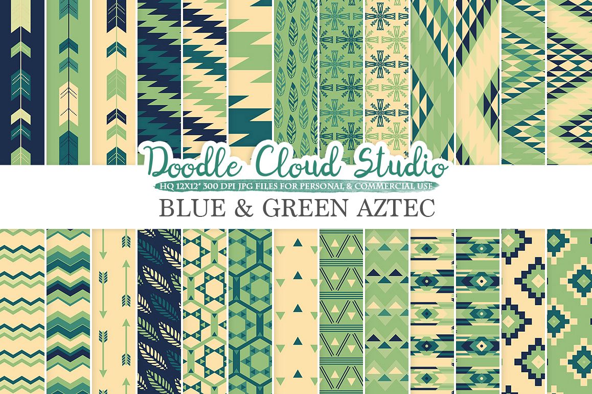 Blue and Green Aztec digital paper ,Tribal patterns native triangles geometric ethnic arrows Cream backgrounds for Personal & Commercial Use example image 1