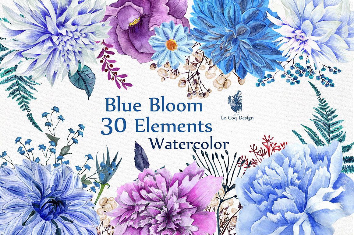 Watercolor Blue Flowers Clipart example image 1