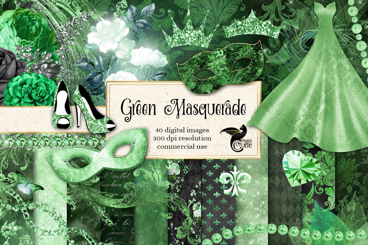 Green Masquerade Digital Scrapbooking Kit example image 1
