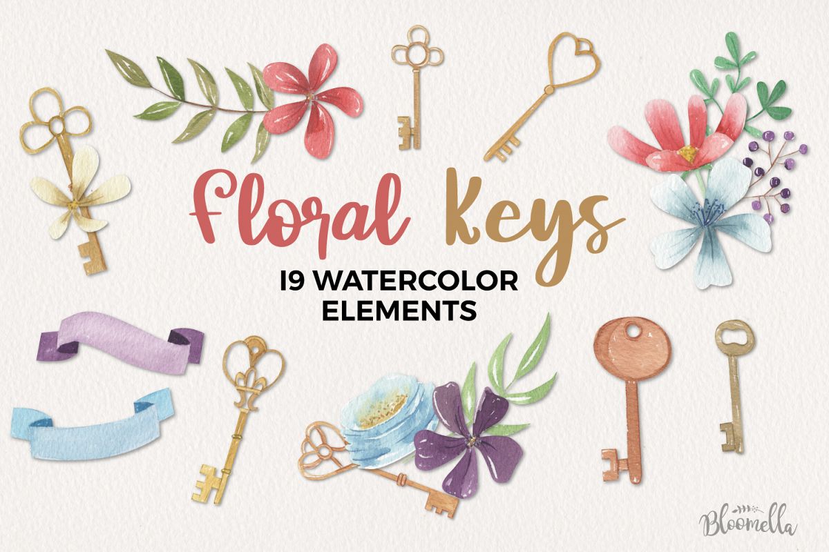 Floral Keys Flowers Watercolor 19 Elements Florals Berries example image 1