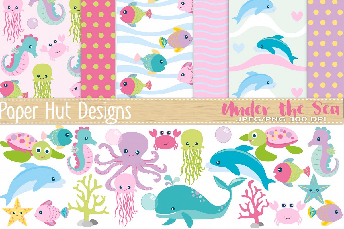 Girls Sea Animal Clipart and Digital Papers Set example image 1