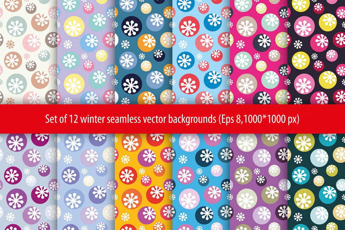 Set of 12 seamless backgrounds with decorative snowflakes. example image 1