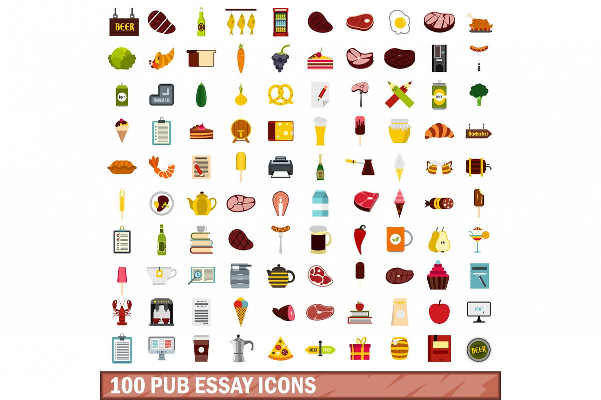 100 pub essay icons set, flat style example image 1