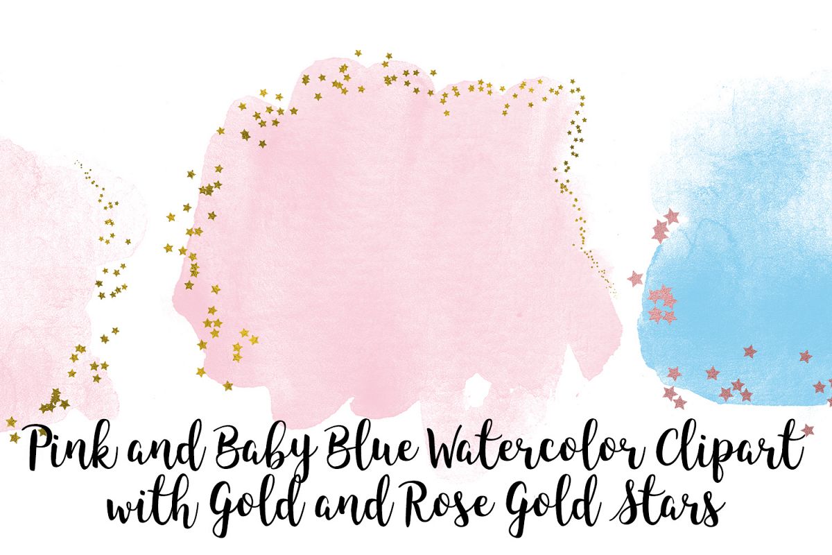 Pink and Baby Blue Watercolor Clip Art, Gold and Rose Gold example image 1