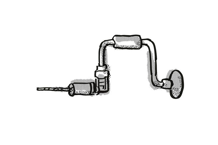 Brace Drill Woodworking hand Tool Cartoon Retro Drawing example image 1