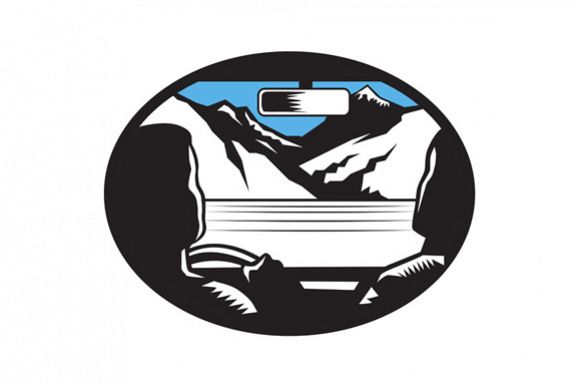 Driver Looking Up Mountain Car Windshield Oval Woodcut example image 1