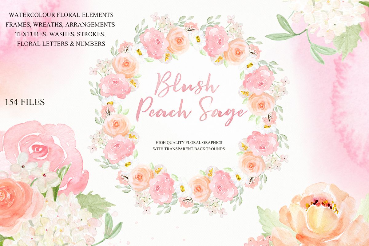 Blush Peach Sage Watercolor flowers clipart example image 1