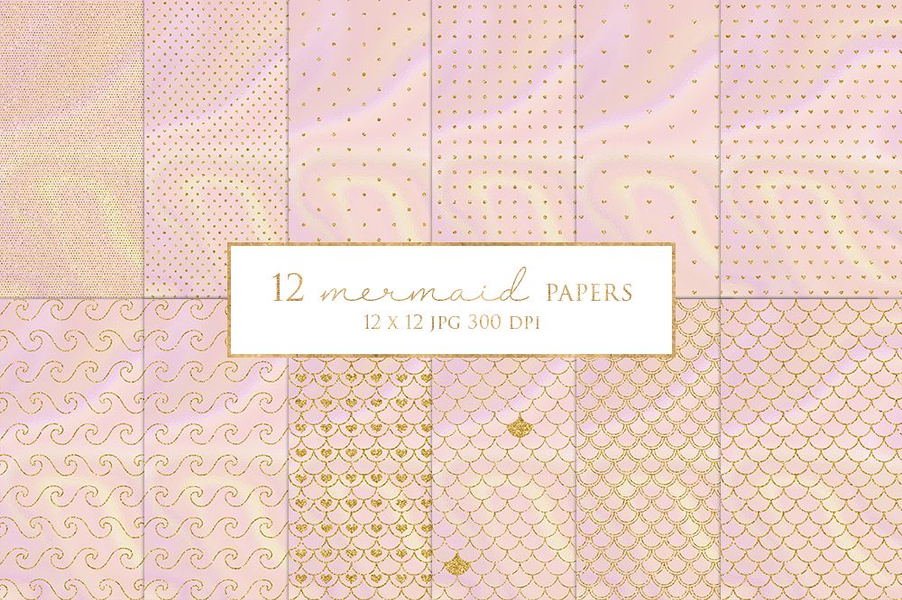 12 Gold Glitter Mermaid Digital Paper Pack example image 1