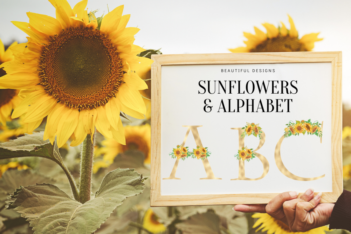 Sunflowers Floral printable alphabet, Gold foil alphabet example image 1