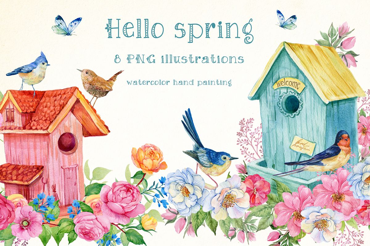 Hello spring watercolor illustration example image 1