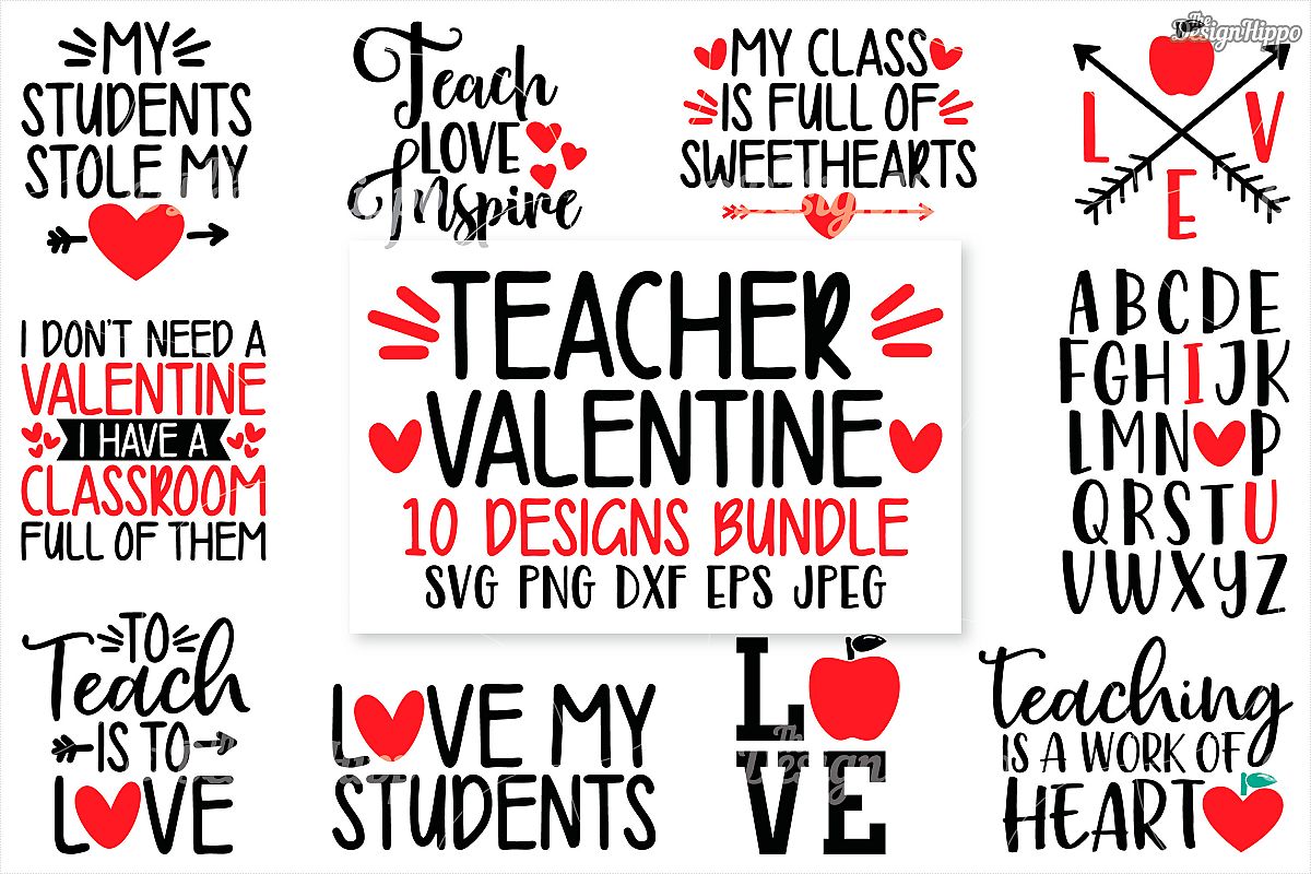 Download Teacher Valentine, 10 Designs Bundle, SVG PNG DXF Cut Files