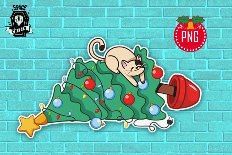 Naughty cat and christmas tree clipart PNG file example image 1