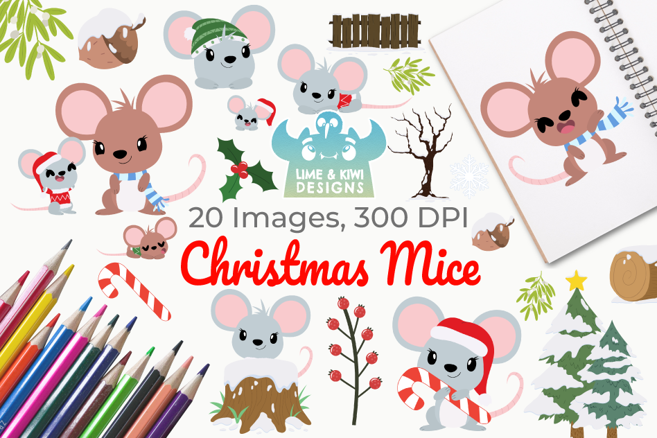 Christmas Mice Clipart, Instant Download Vector Art example image 1