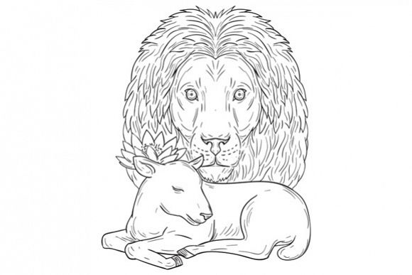 Lion Watching Over Sleeping Lamb Drawing example image 1