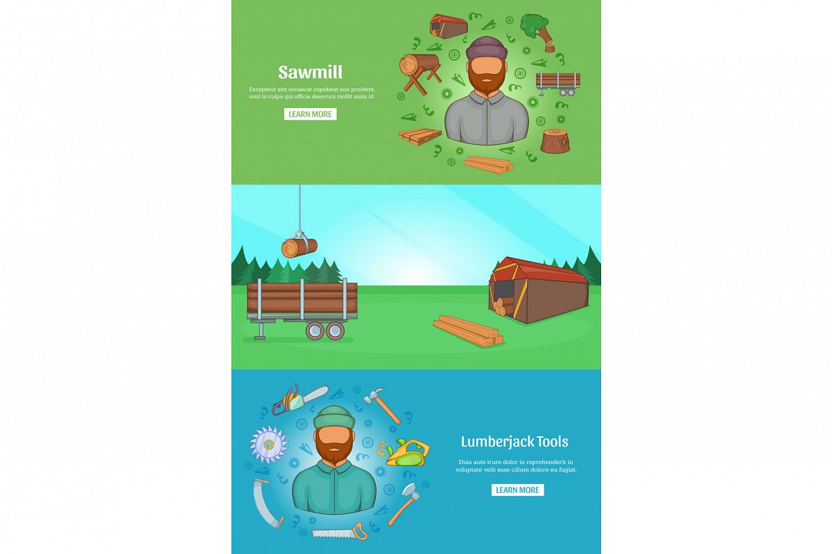 Sawmil and timber banner set template, cartoon style example image 1