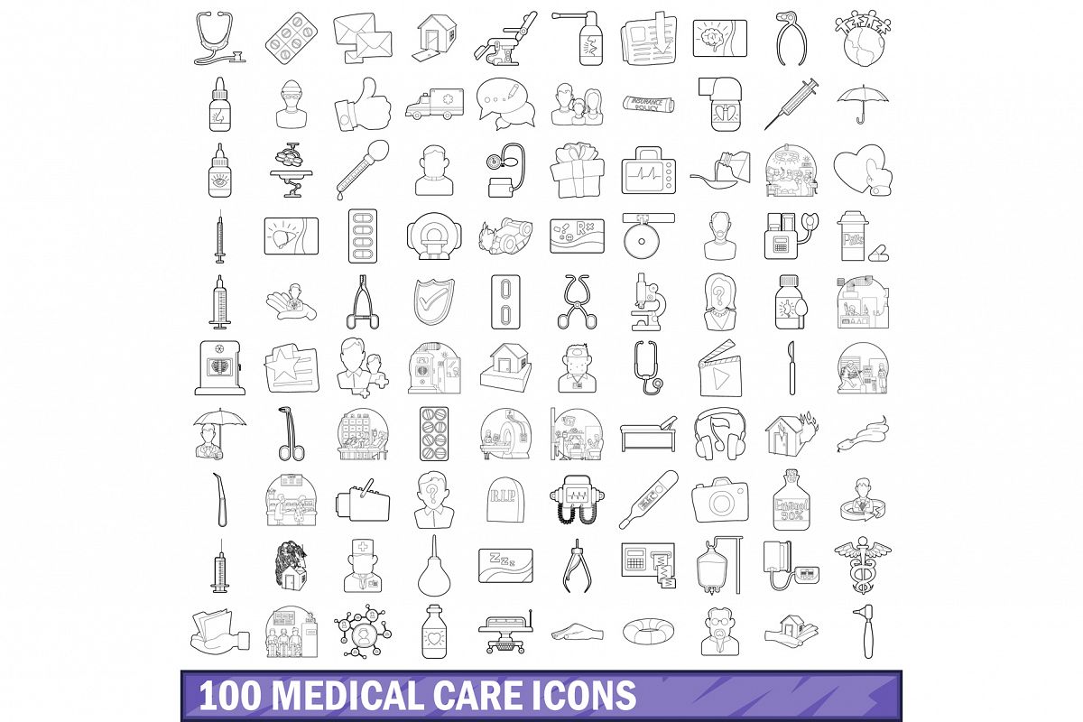 100 medical care icons set, outline style example image 1