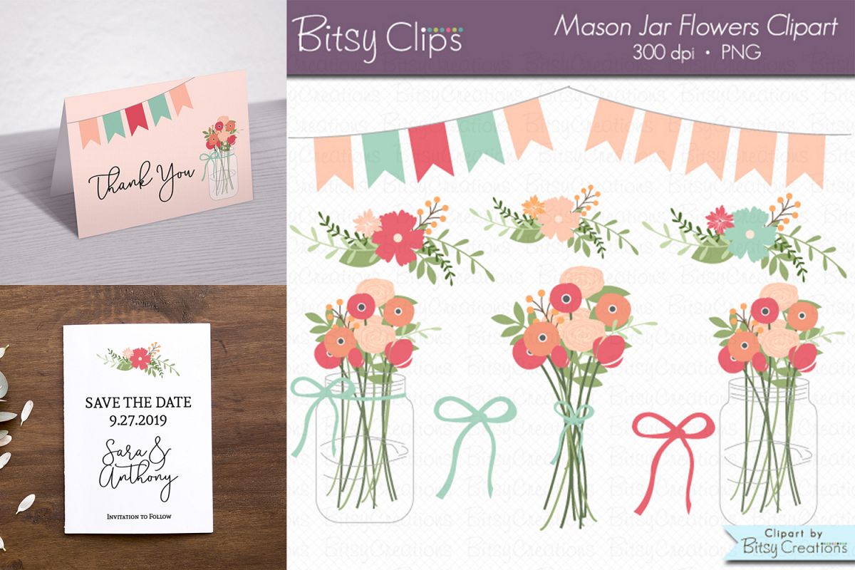 Mason Jar Flowers Digital Art Set Clipart example image 1