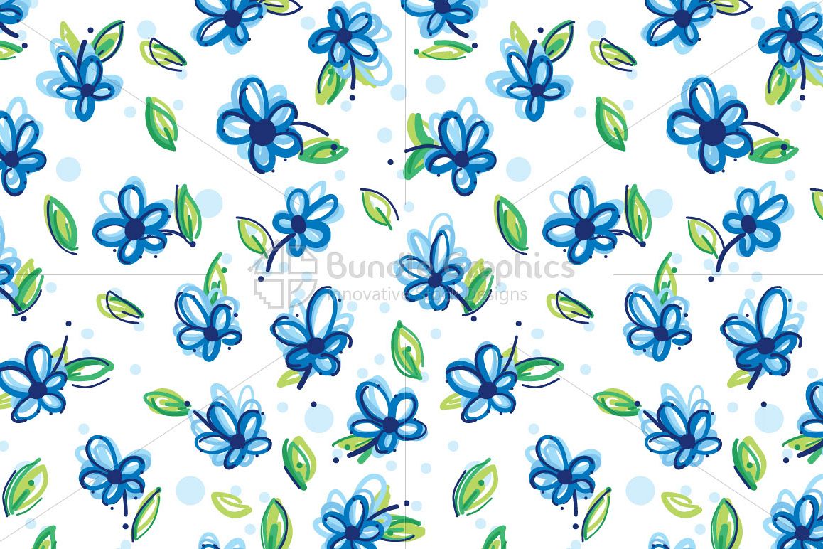 Blue Flowers - Freehand Floral Five Leave Flower Seamless Background example image 1