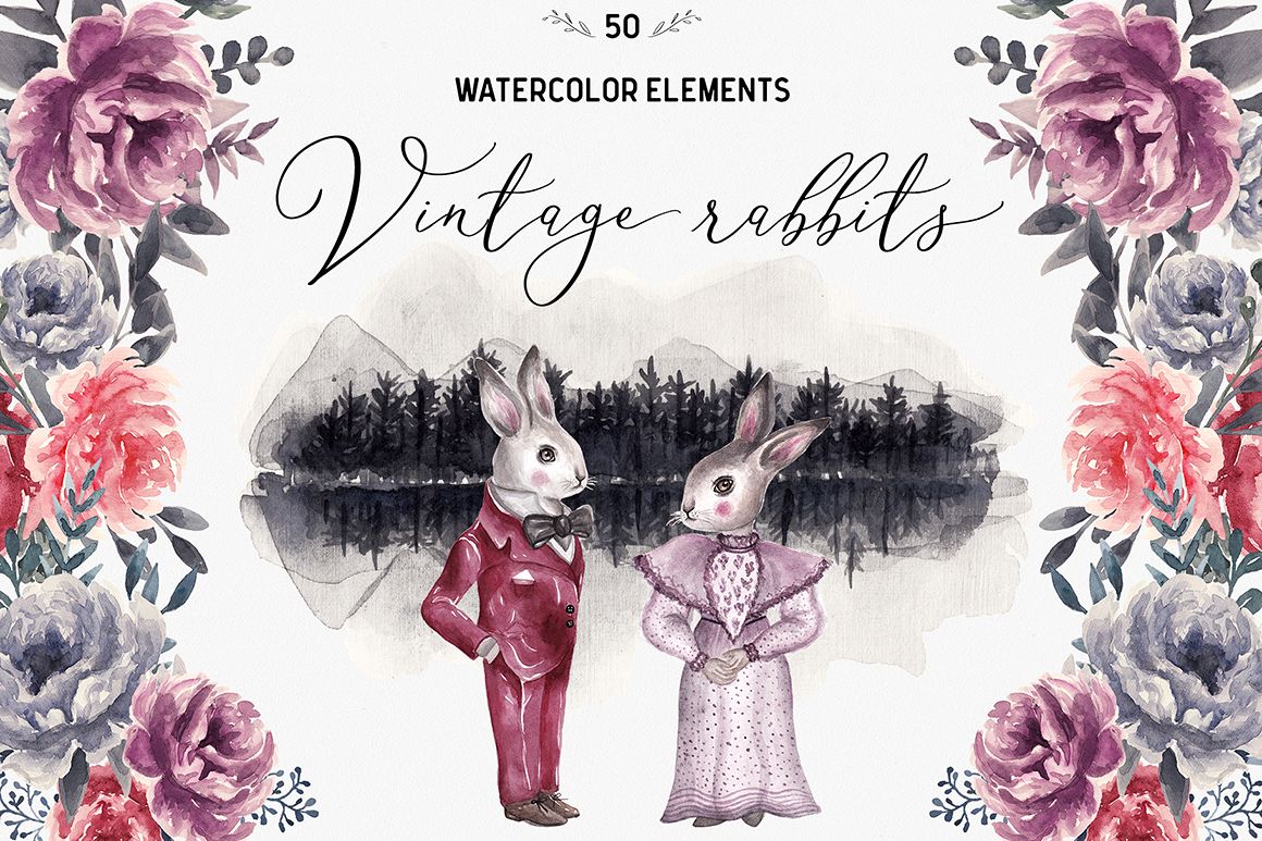 Spring Vintage Wedding Watercolor Rabbits example image 1