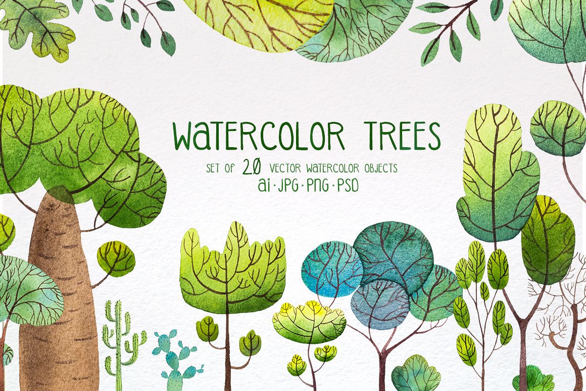 Watercolor trees set#2 example image 1