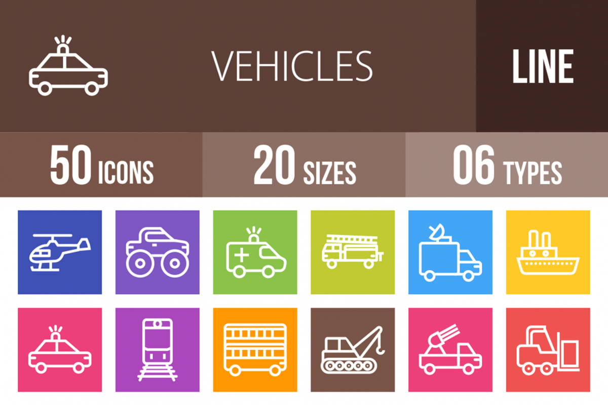 50 Vehicles Line Multicolor B/G Icons example image 1