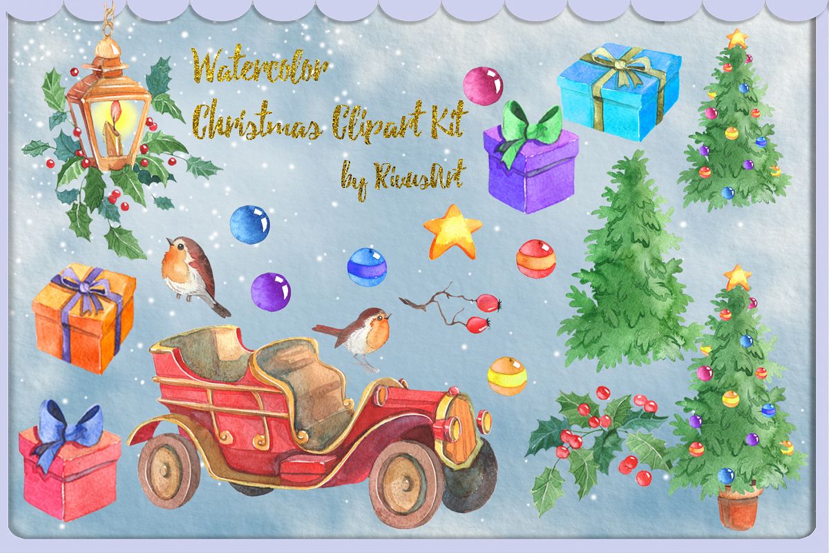 Watercolor Christmas clipart set example image 1
