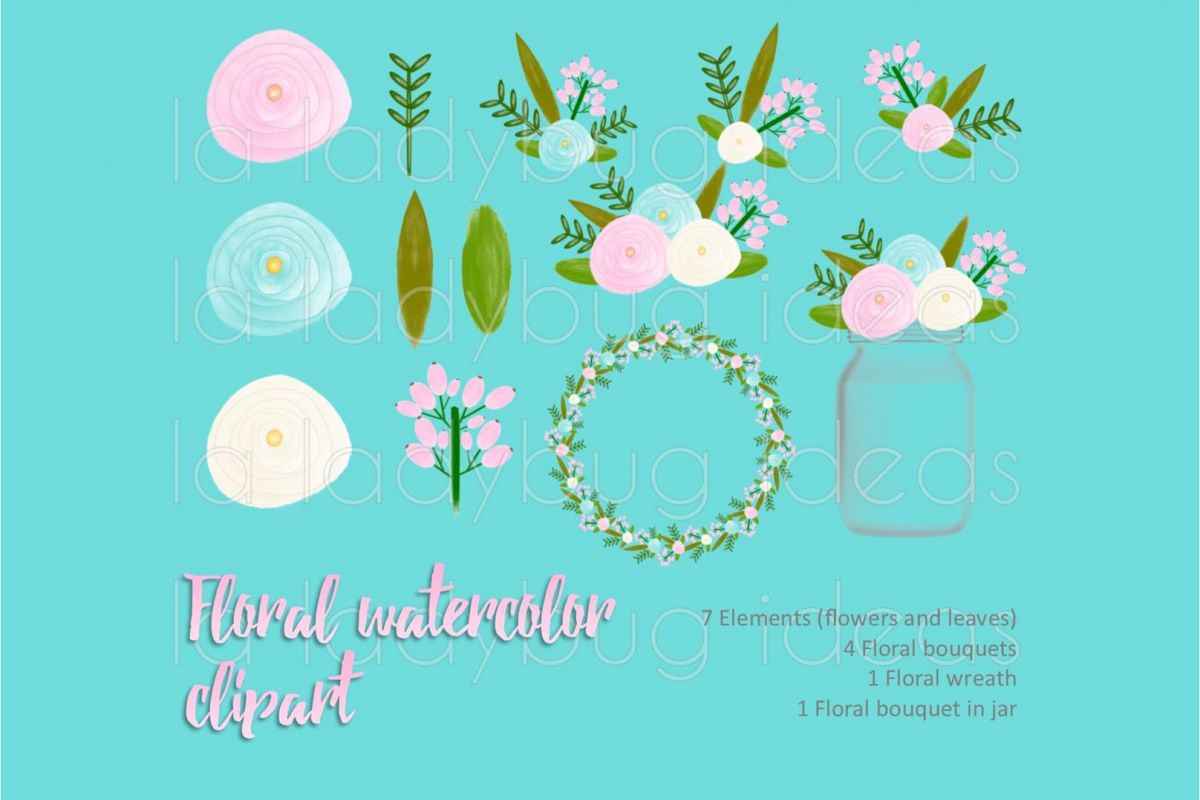 Pink and aqua floral watercolor clip art collection. example image 1