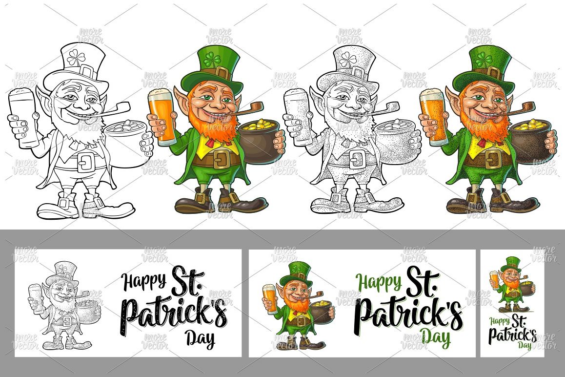 Leprechaun hold beer glass pot gold color vintage engraving example image 1