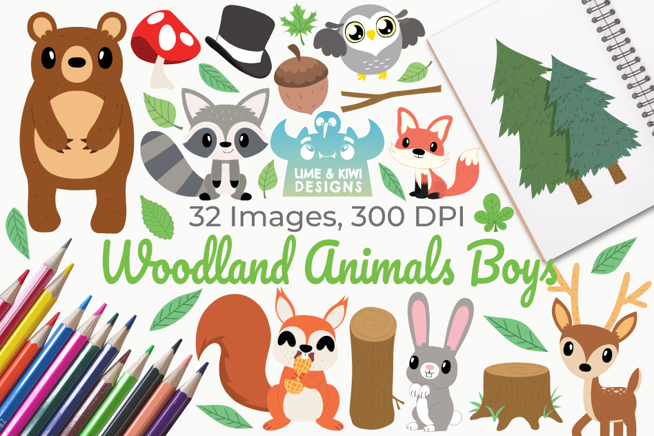 Woodland Animals Boys Clipart, Instant Download Vector Art example image 1