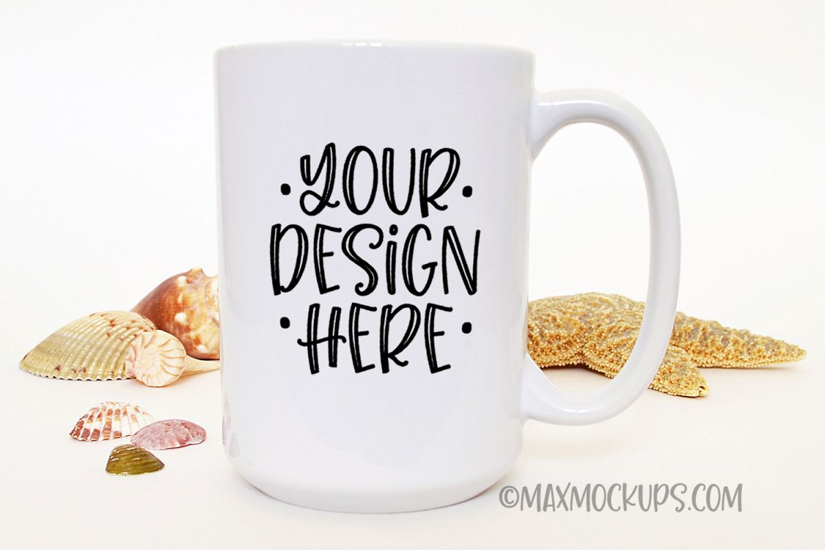 White mug mock up, 15 oz cup with shells example image 1