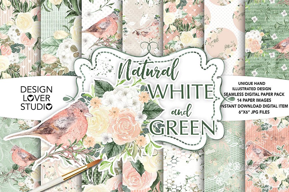 Watercolor roses white and green digital paper pack example image 1