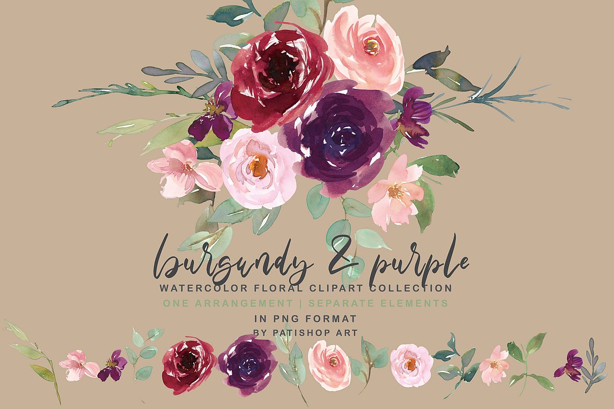 Burgundy Purple and Blush Watercolor Floral Clipart Set example image 1