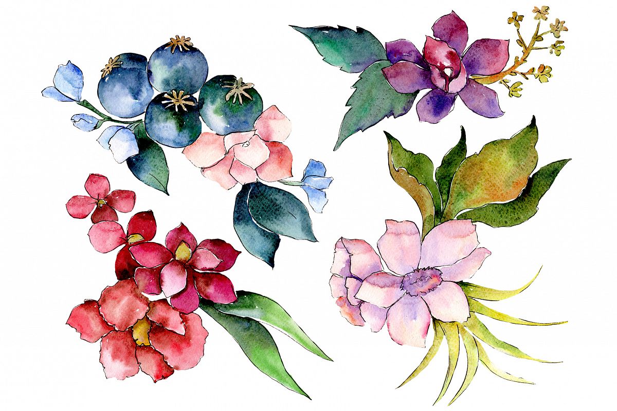 Bouquet of tropical colorful flower PNG watercolor example image 1
