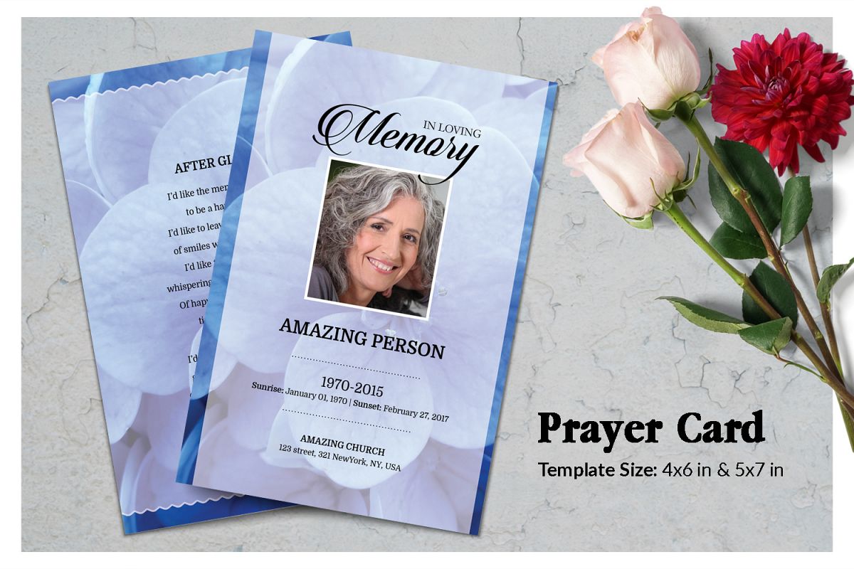Blue flower Funeral Prayer Card Template example image 1
