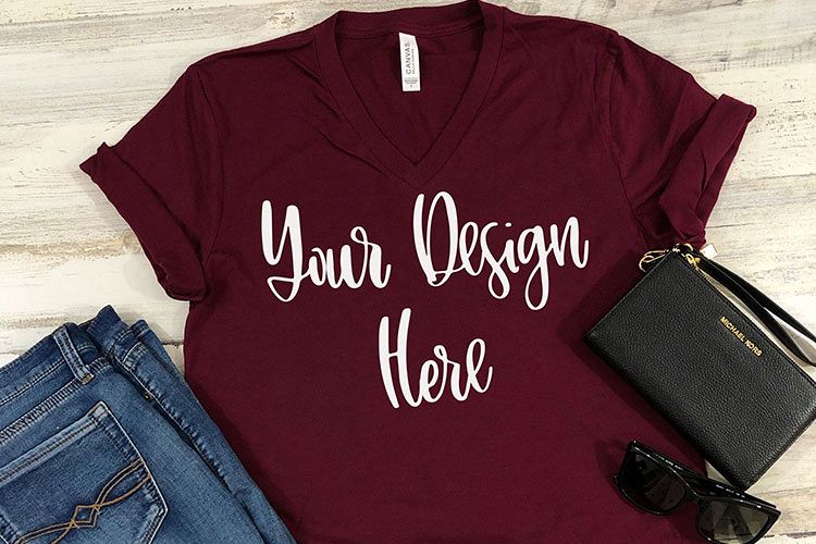 Bella 3005 Maroon V-Neck Shirt Mockup Photo - Flatlay Photo example image 1