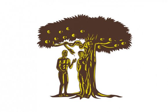 Adam and Eve Apple Serpent Woodcut example image 1