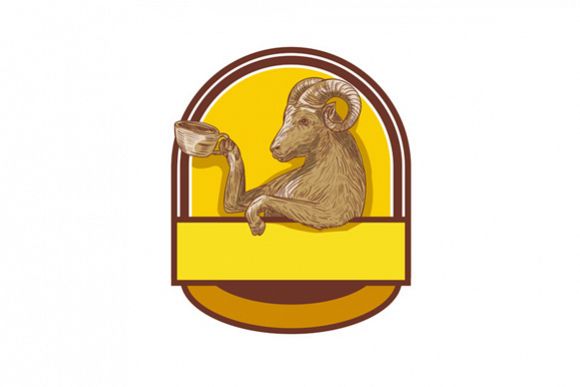 Ram Goat Drinking Coffee Crest Drawing example image 1